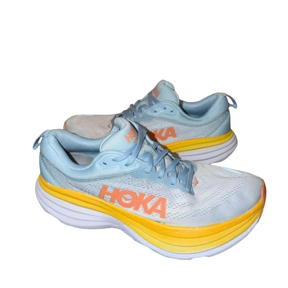 Hoka Bondi 8 Women's Light Blue and Yellow Running Shoe size 12 B